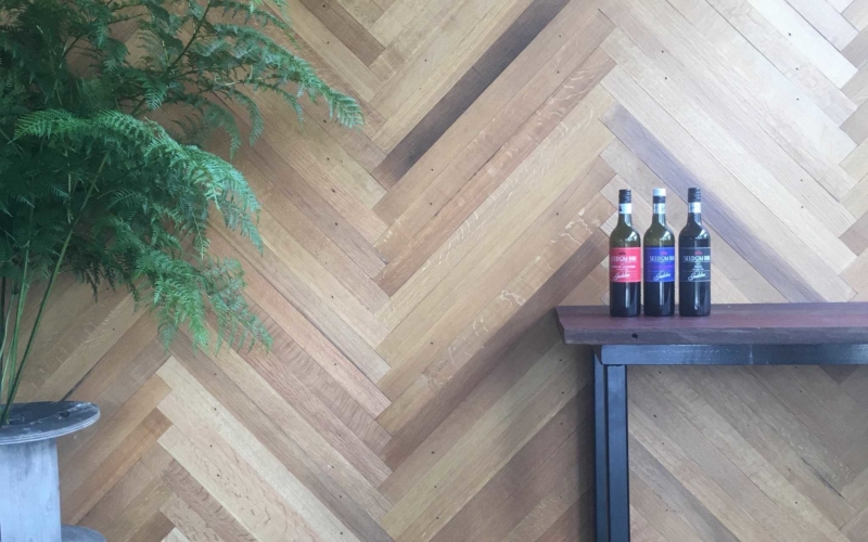 The Parquetry wall is made from recycled barrels